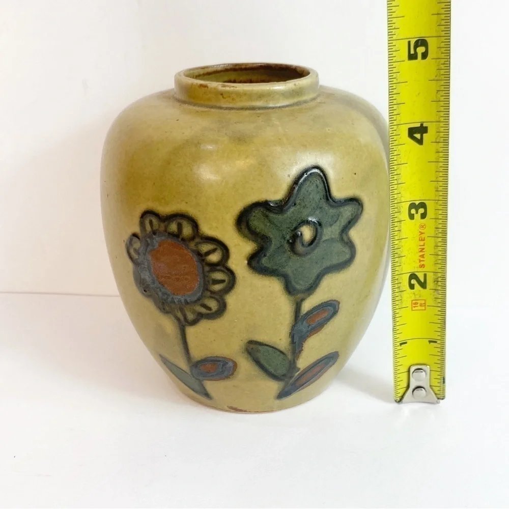 Vintage 70s Vibe Hand Painted Flowers Tan Pottery Vase